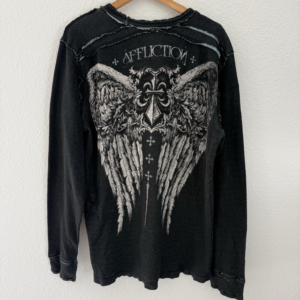 Vtg Affliction Reversible Thermal Shirt XXL Cross Wings Skull Grunge USA Y2K